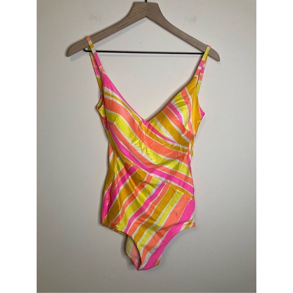 VINTAGE 50s 60s Cole of California One Piece Swimsuit Sz 14 Striped Neon Bathing